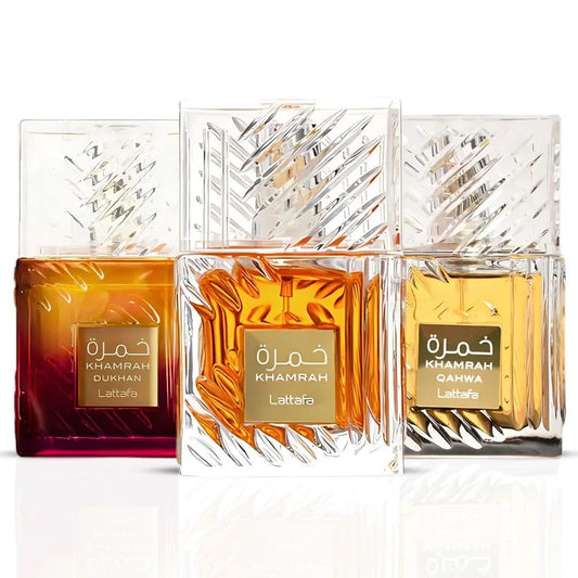 COMBO PACK OF 3 -Lattafa Khamrah , Khamrah Qahwa , Khamrah Dukhan Eau De Parfum For Unisex